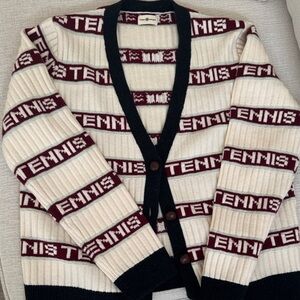 Tory Sport Cream Cardigan with Burgundy Tennis Stripes & Black Trim- size M